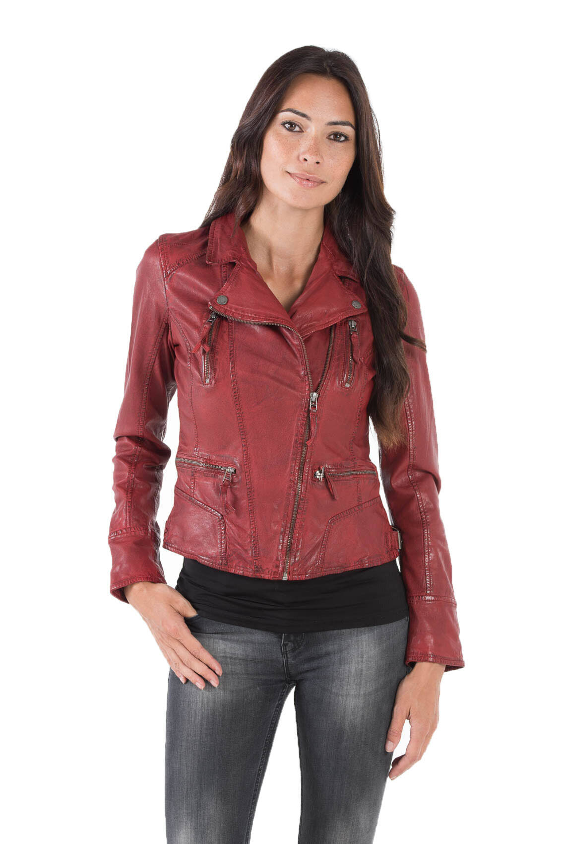 Blouson cuir femme rouge Oakwood 60861 style perfecto mode face