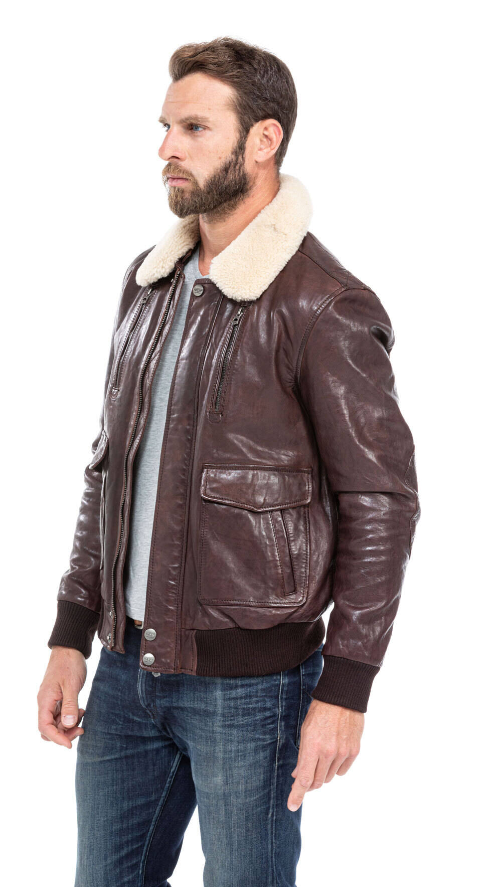 blouson cuir homme agneau marron fonce pilote 100756 col fourrure (5)