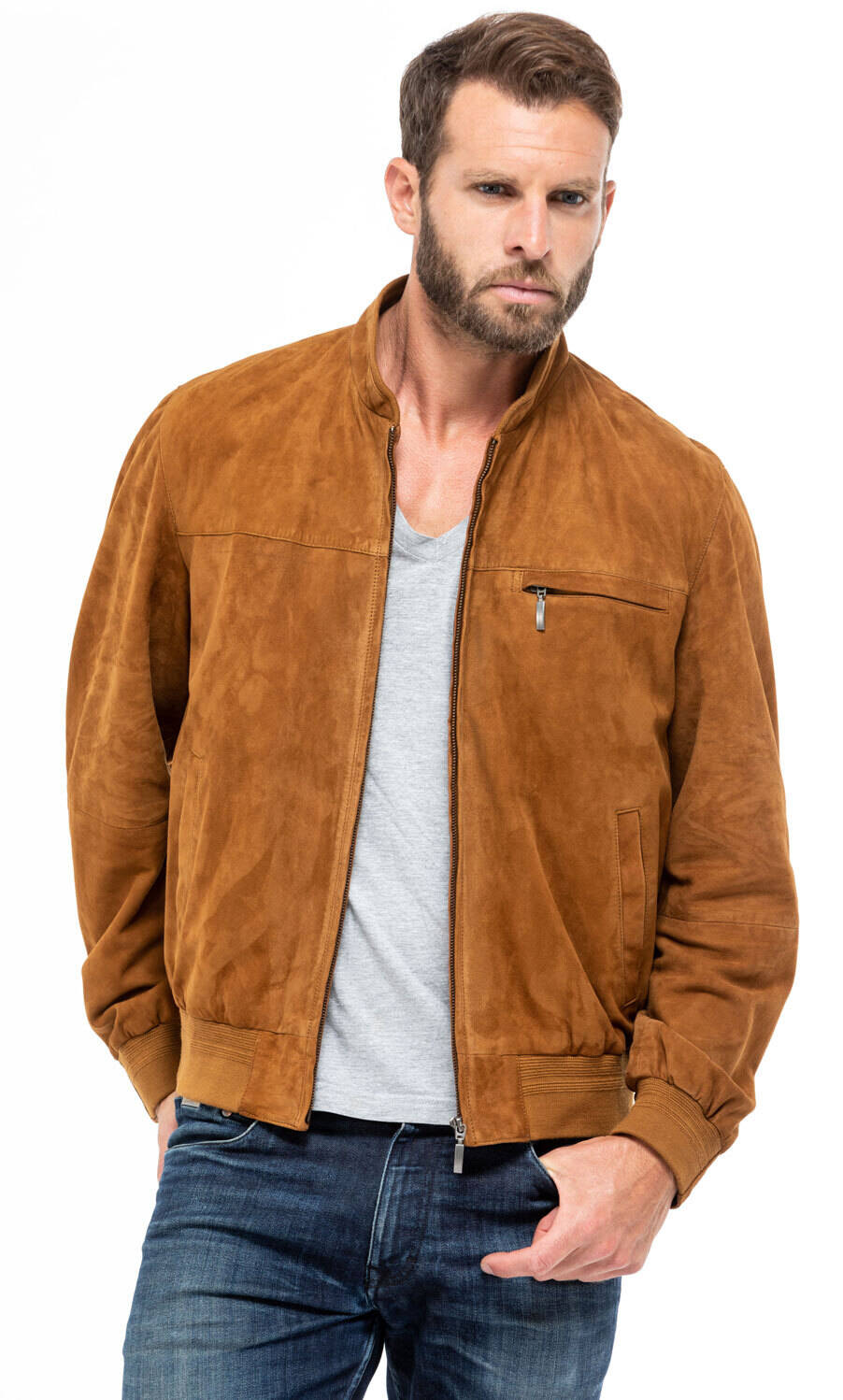 blouson cuir homme aspect daim velours jupp cognac mannequin (1)