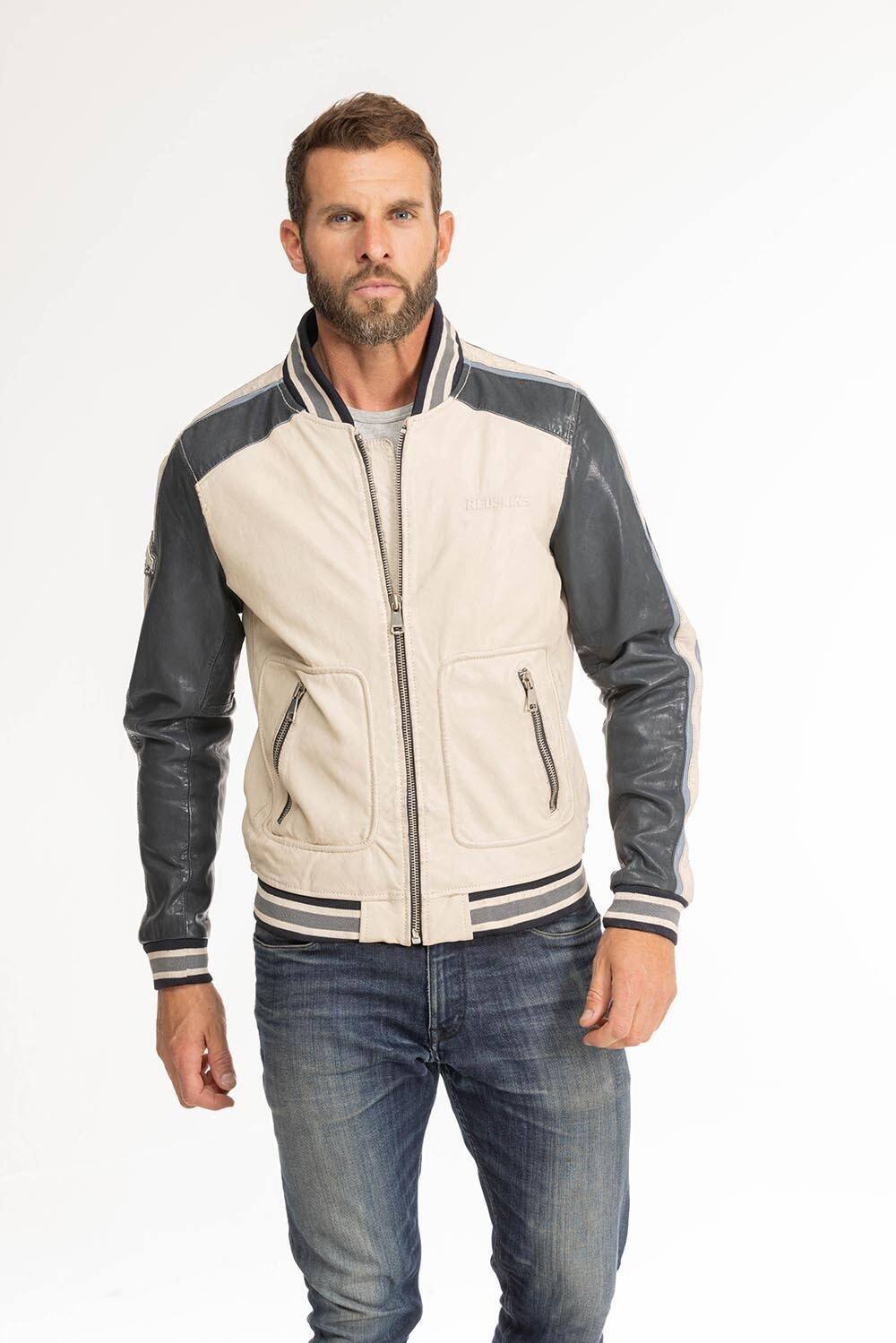 blouson cuir homme bombers fray beige navy (13)