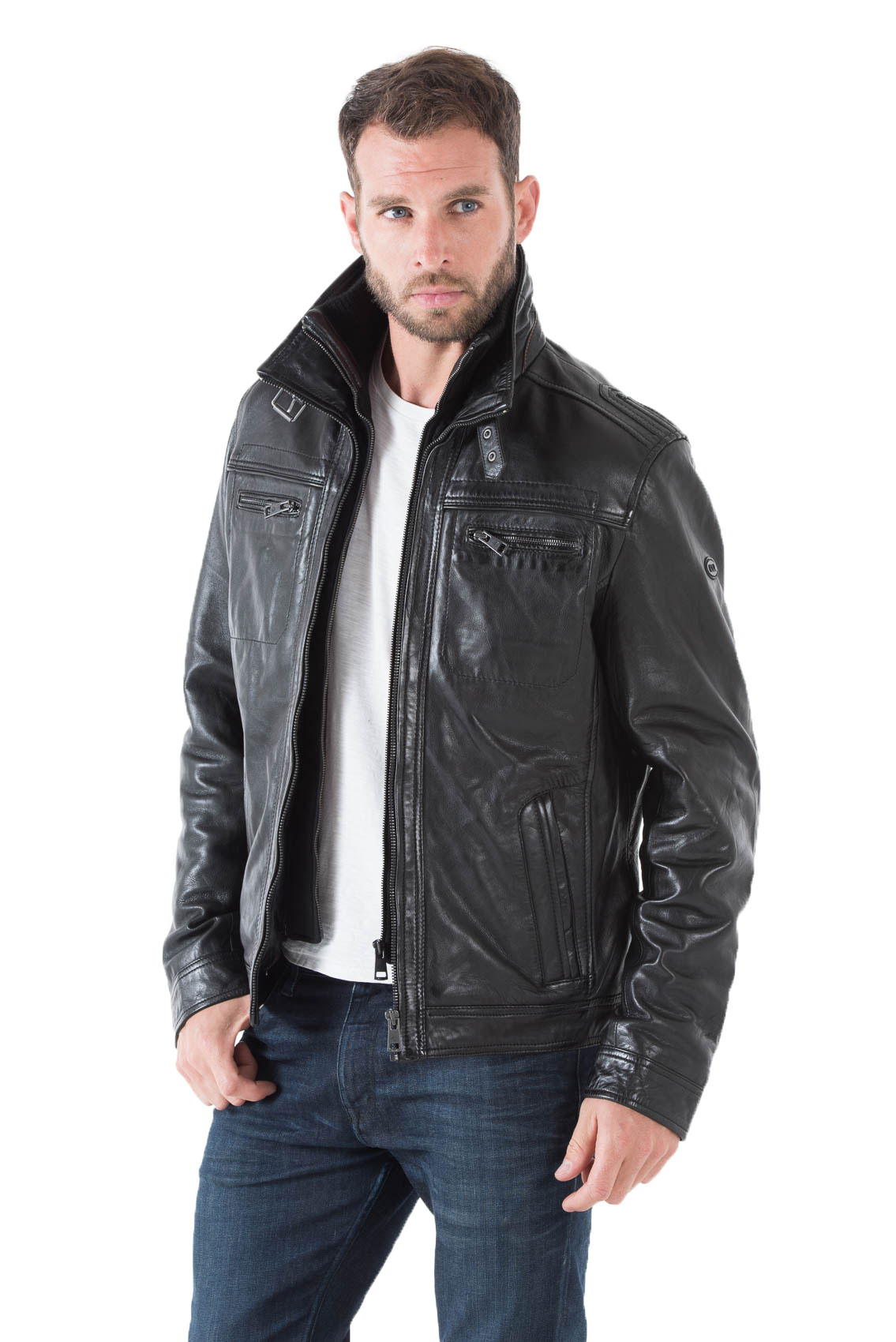 Blouson cuir homme noir 51704 classique col chemise couvrant ouatiné hiver face