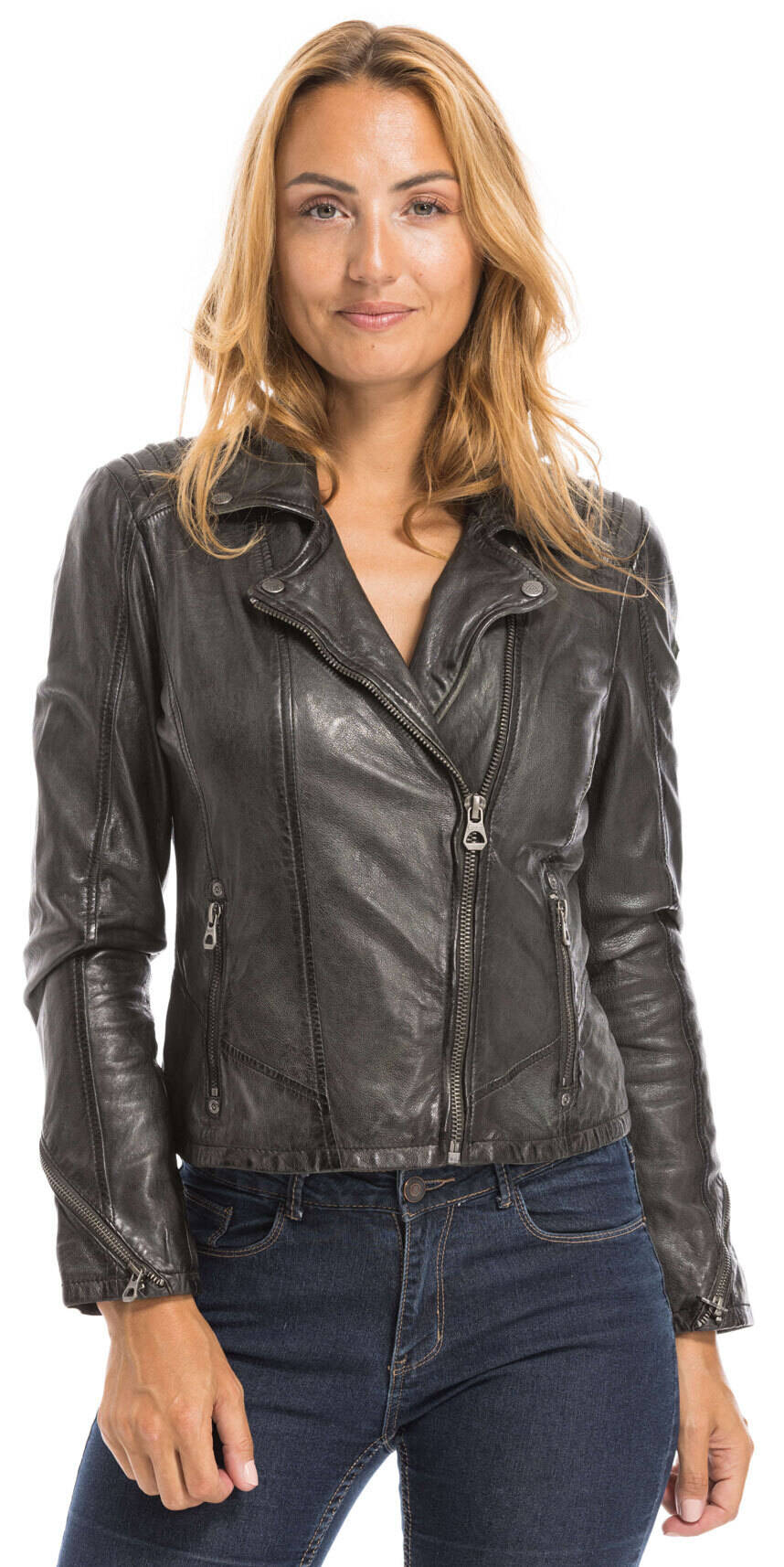 Dunkelgrune Biker-Lederjacke fur Damen \