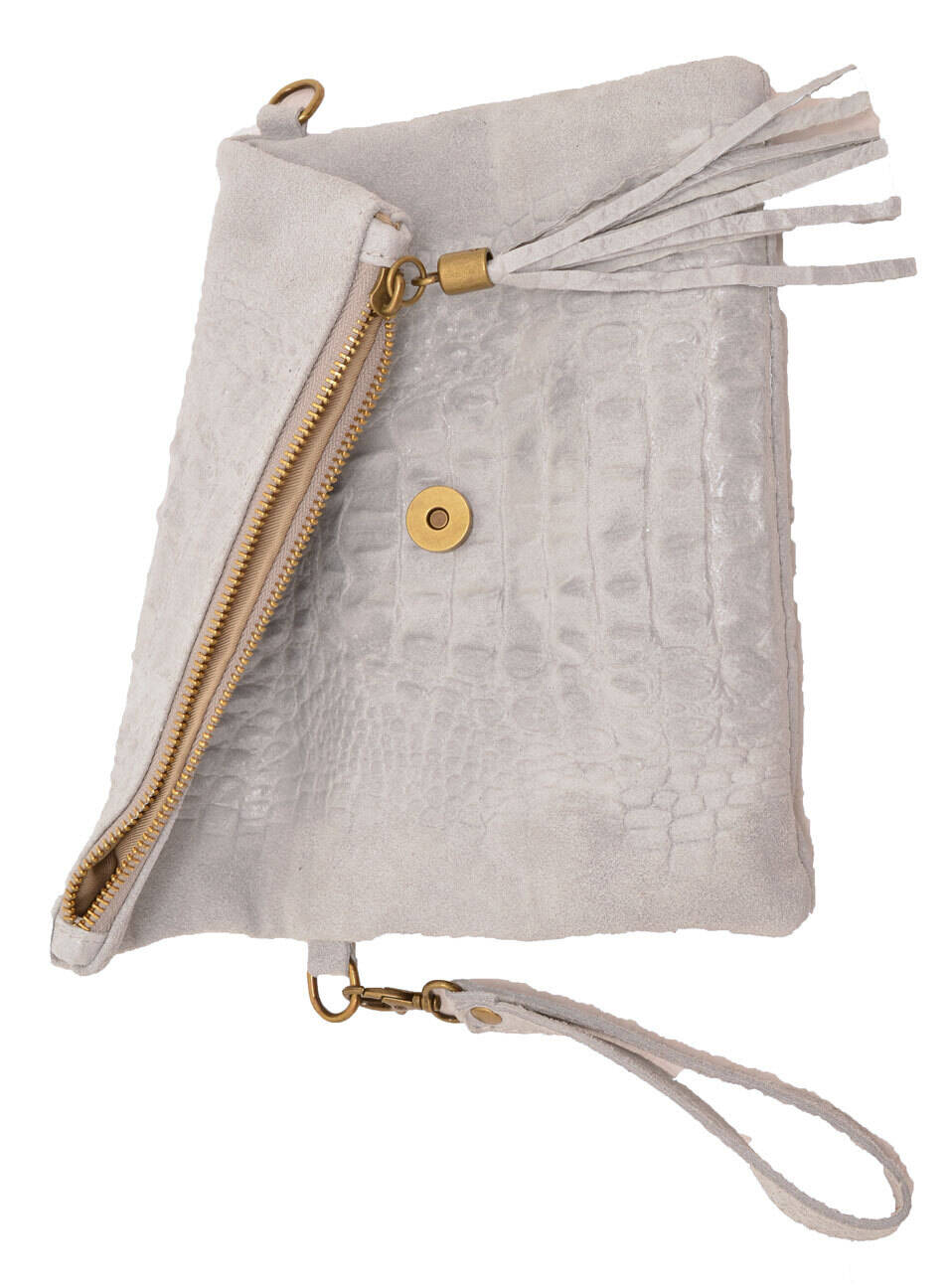 Pochette cuir vachette sac cuir tecla gris face detail