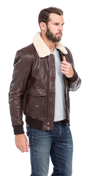 blouson cuir homme agneau marron fonce pilote 100756 col fourrure (3)