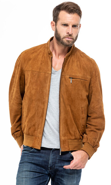 blouson cuir homme aspect daim velours jupp cognac mannequin (1)