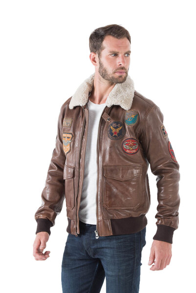 Blouson cuir homme marron MYTHIC 001577 esprit pilote aviateur col fourrure ecussons mode face