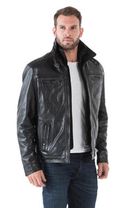 Blouson cuir homme noir 51704 classique col chemise couvrant ouatiné hiver biais