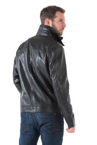 Blouson cuir homme noir 51704 classique col chemise couvrant ouatiné hiver dos