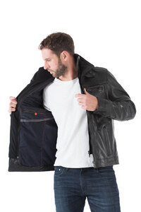 Blouson cuir homme noir 51704 classique col chemise couvrant ouatiné hiver doublure