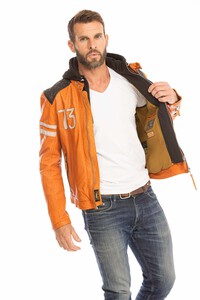 blouson cuir homme orange 102555 style motard  capuche (11)