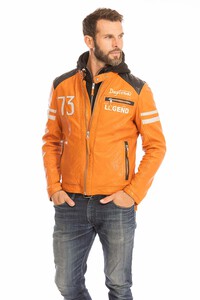 blouson cuir homme orange 102555 style motard  capuche (13)