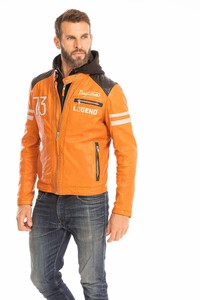 blouson cuir homme orange 102555 style motard  capuche (14)