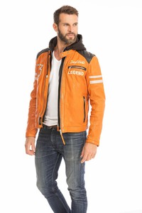 blouson cuir homme orange 102555 style motard  capuche (4)