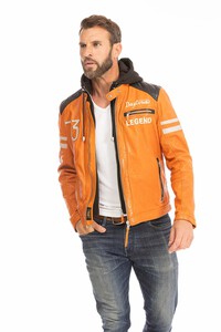 blouson cuir homme orange 102555 style motard  capuche (6)