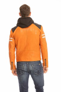 blouson cuir homme orange 102555 style motard  capuche (8)