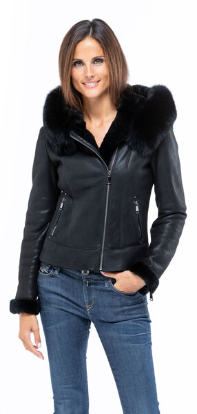 Blouson mouton femme noir Roma style bombardier peaux retournees chaude mannequin (5)