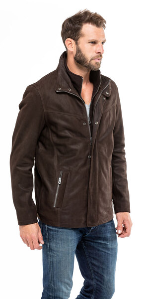 Veste cuir homme aspect nubuck 100965 bis marron demi longueur mannequin (3)
