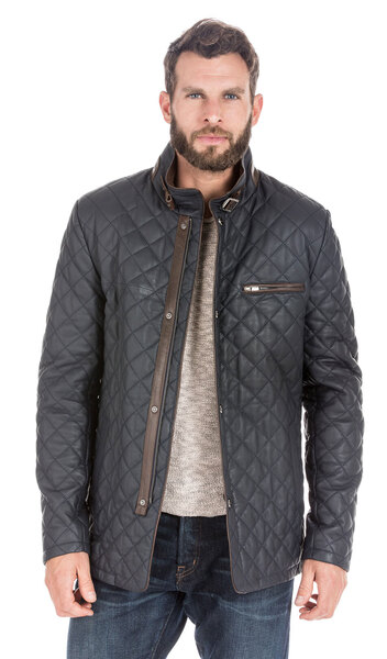 Veste cuir homme bleu marine damier moderne esprit blazer E09-BLUE-14453