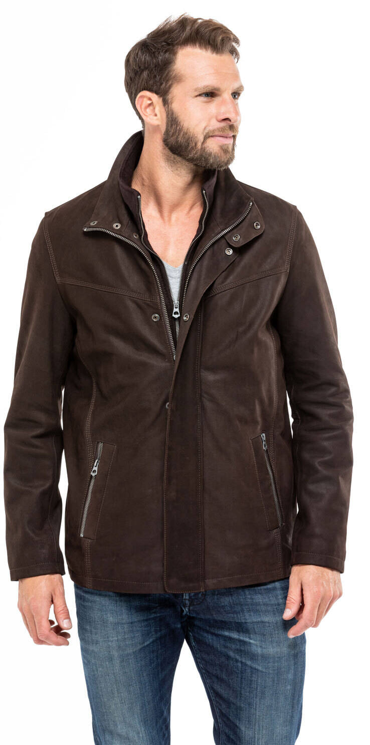 Veste cuir homme aspect nubuck 100965 bis marron demi longueur mannequin (1)