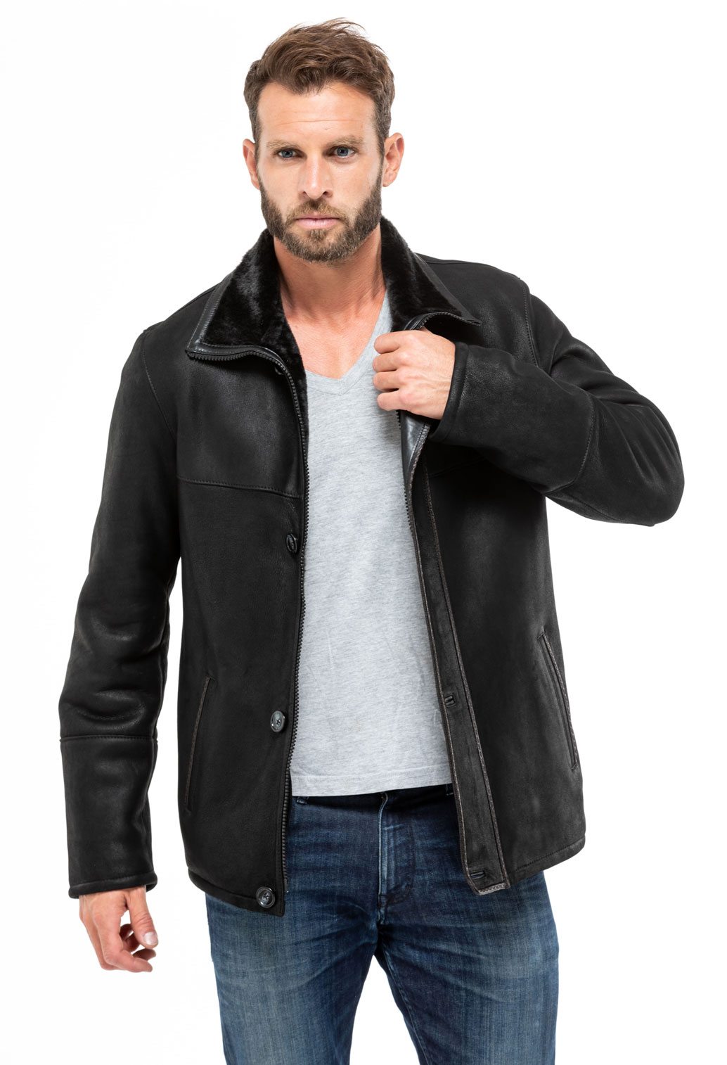 veste mouton homme noir 1610 chaud peaux retournées mannequin (7)